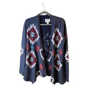 Lucky Lotus Dark Blue Geometric Print Open-Front Cardigan Medium